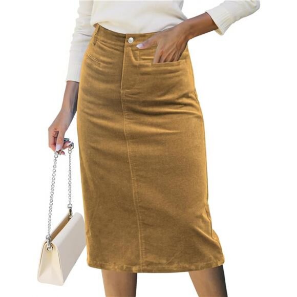 Corduroy Skirts for Women Midi Length Trendy Khaki - Picture 1 of 7